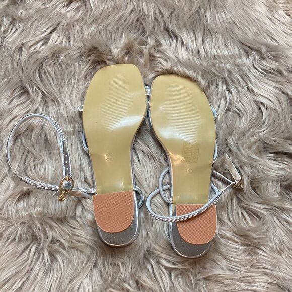 Rhinestone Shimmer Silver Chunky Low Block Heeled Ankle Strap Square Toe Sandals - Picture 3 of 16